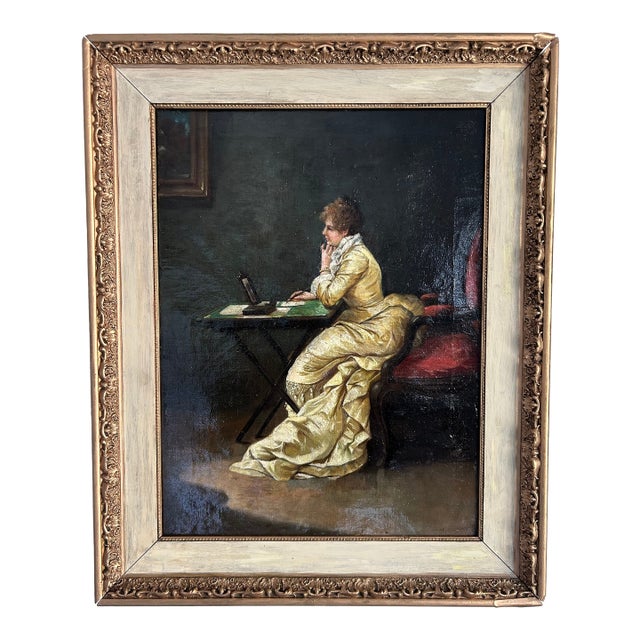 Early 20th Century B. Troncoso “Lady in Yellow at Her Desk” – After Thomas Wilmer Dewing Elegant Gilded Age Interior Scene For Sale