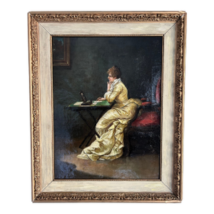 Early 20th Century B. Troncoso “Lady in Yellow at Her Desk” – After Thomas Wilmer Dewing Elegant Gilded Age Interior Scene