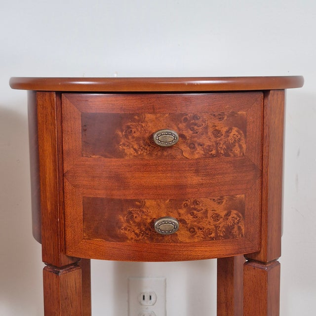 2000 - 2009 2000s Petite Oval Cherry & Burl Wood Inlay Traditional Side Tables Nightstands W/ Single Drawers, a Pair For Sale - Image 5 of 12