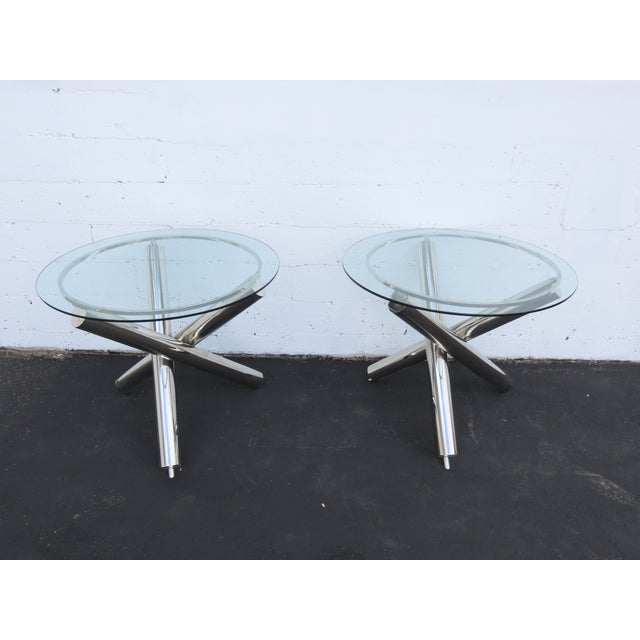 Milo Baughman Style Chrome Glass Top Jax Tables a Pair 6571 For Sale - Image 11 of 18