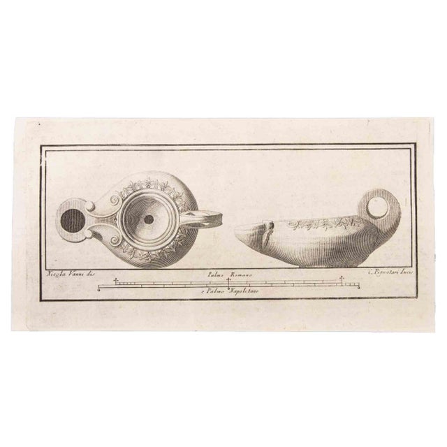 Carlo Pignatari, Oil Lamp with Decoration, Etching, 18th Century For Sale