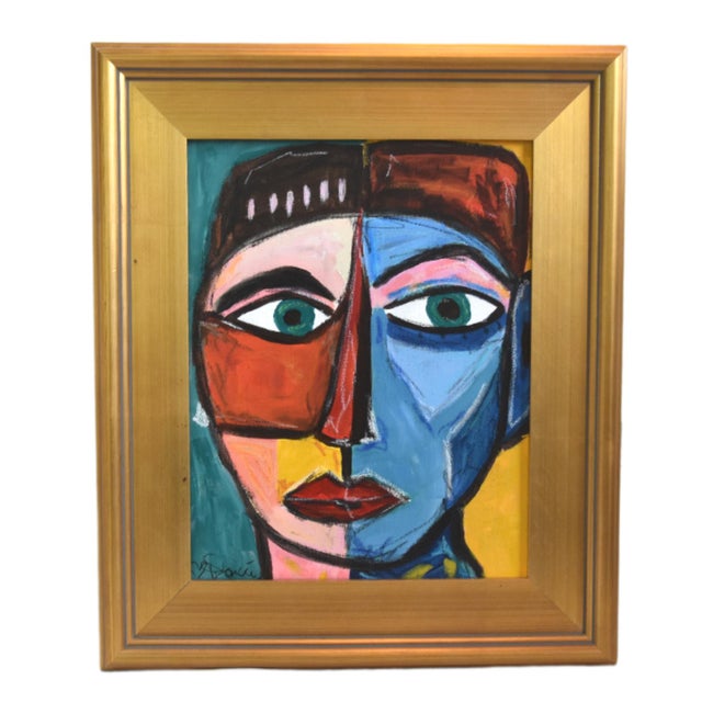 2020s Bold Picasso Style Man Portrait Painting Including the Antiqued Gold Wood Frame For Sale - Image 5 of 5