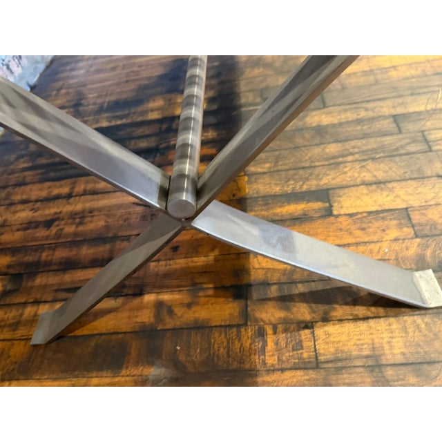 One‑of‑a‑Kind Mahogany Slatted Bench – Custom Brushed Steel Frame Modern Industrial Design For Sale - Image 9 of 12