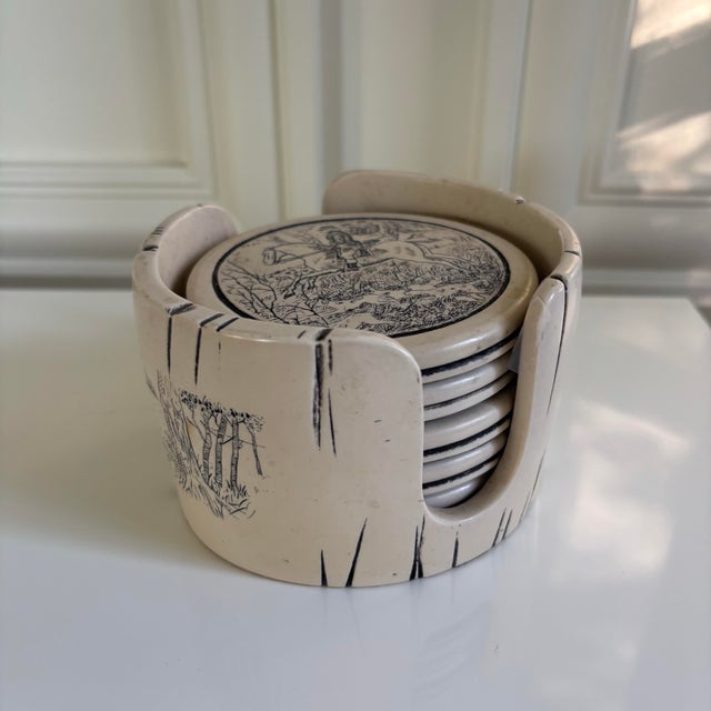 Mid 20th Century Comoys of London Set of English Sporting Scrimshaw Faux Whale Bone Ivory Coasters For Sale - Image 9 of 12