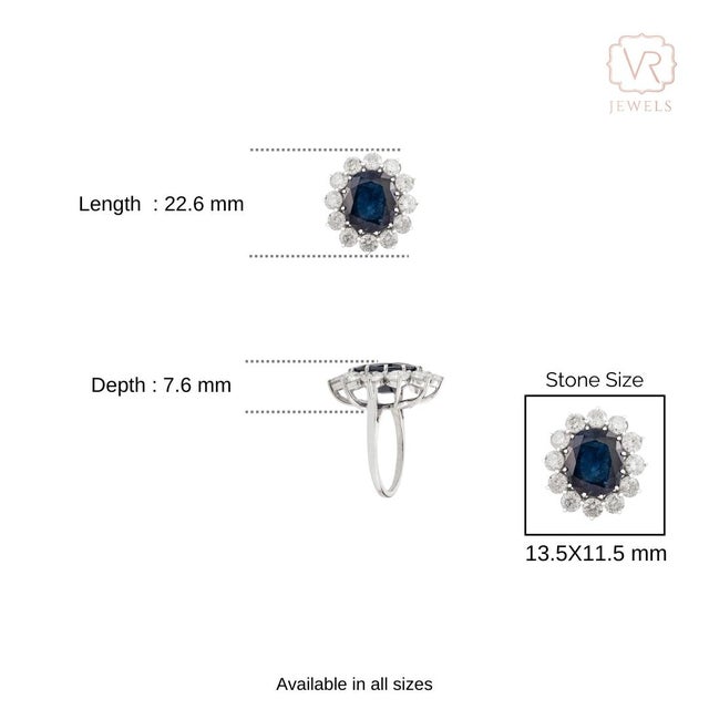 8.21ctw Deep Royal Sapphire Princess Diana Diamond Cocktail Ring in 18k White Gold Size 5.5 For Sale - Image 10 of 15