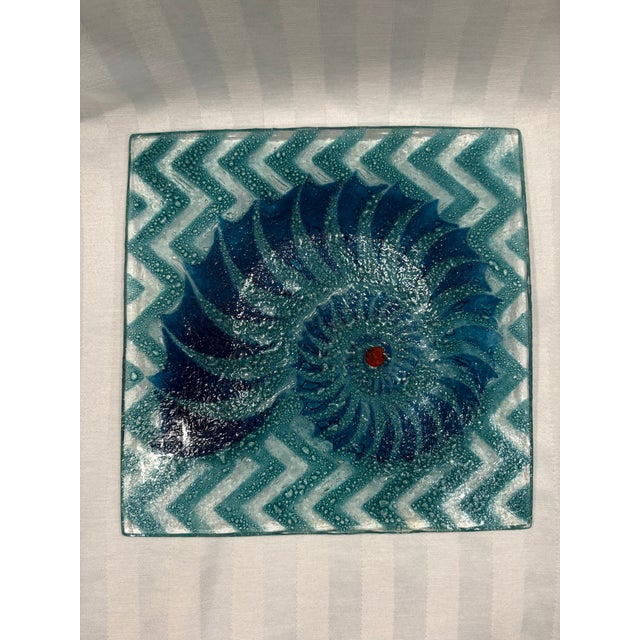 Cerulean Late 20th Century Fused Art Glass Decorative Square Bowl With Nautilus Motif For Sale - Image 8 of 8