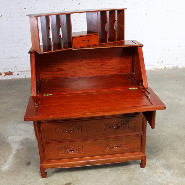 Wood Asian Teak Hand Carved Drop Front Compartmentalized Desk Style of George Zee For Sale - Image 7 of 13