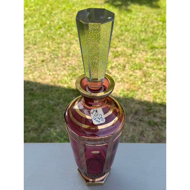 Early 1900s Moser Bohemian Cranberry Paneled Cabochon 24k Gold Decanter Set For Sale - Image 13 of 17