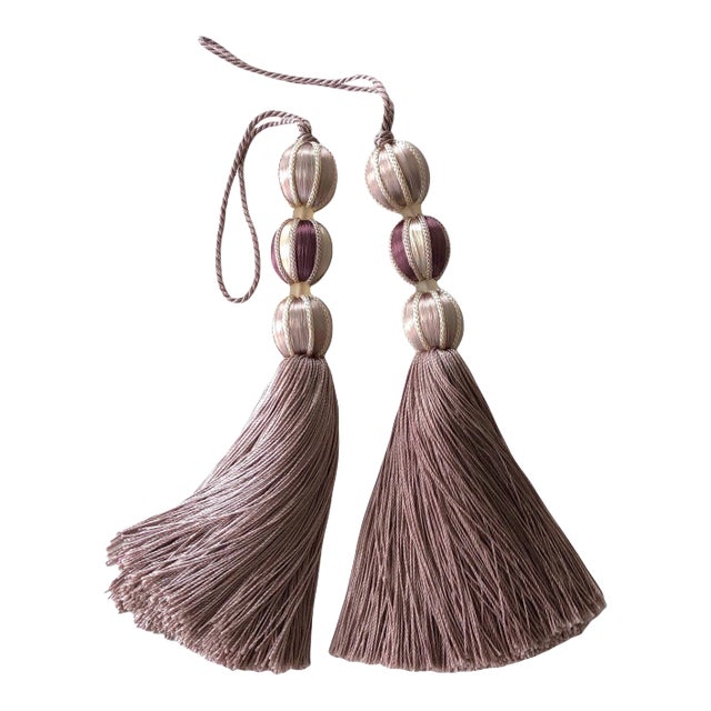 Pair of Beaded Satin Key Tassels in Lavender - Amethyst Color For Sale