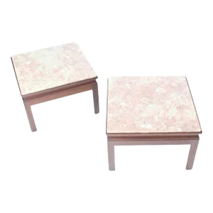 Mid-Century Modern Low Profile Square Marble Top Side End Tables Stand MINT - A Pair