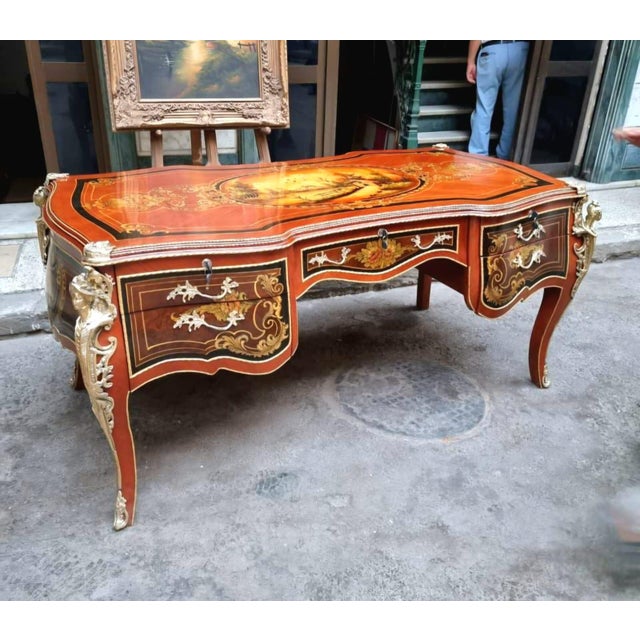 Rococo French Rococo Executive Desk – Ornate Wood Desk With 5 Drawers, Gold Leaf & Bronze Details For Sale - Image 3 of 4