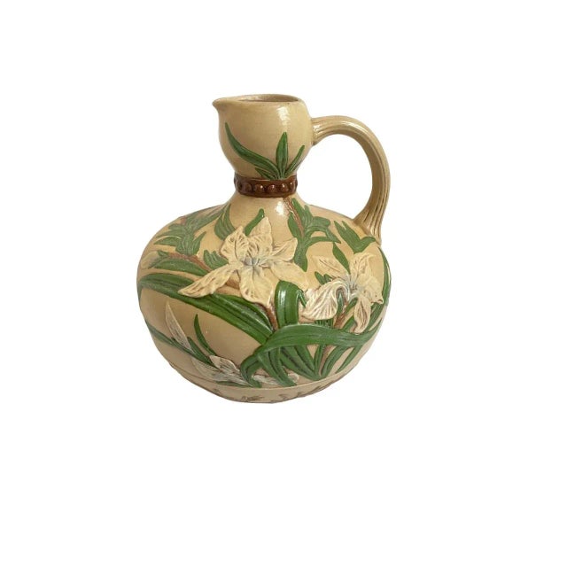 Vintage Majolica Style Ceramic Vase With Floral White Iris Relief For Sale - Image 11 of 11