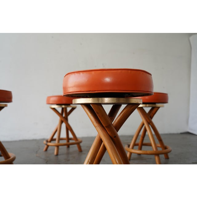 Mid-Century Coastal Rattan Sculptural Tiki Bar Stools In the Attributed to Paul Frankl Set of 4 Mid Century Coastal Rattan...