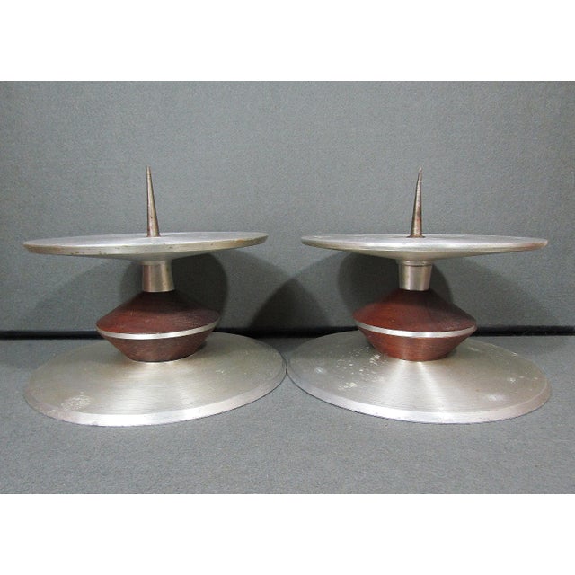 Mid-Century Modern Mid-Century Aluminum & Wood Pricket Candlestick Pair, Scandinavian Modern, 9.75in Diameter For Sale - Image 3 of 9