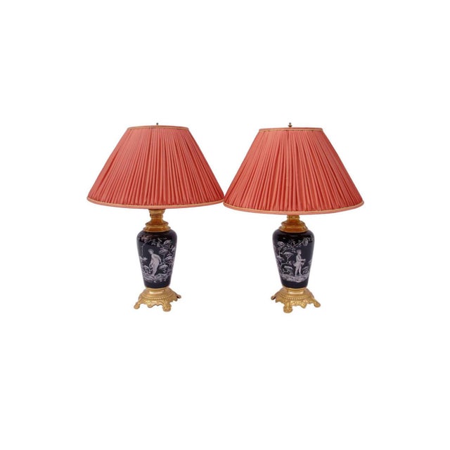 Antique Gilt Bronze & Black Enameled Opaline Lamps, Set of 2 For Sale - Image 6 of 7