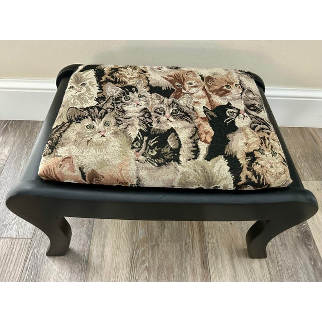 Antique Early 20th Century Victorian Footstool Black With Cat Tapestry Upholstered Cushion For Sale - Image 4 of 9