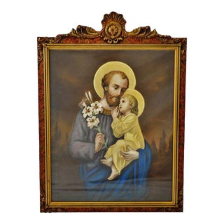 Antique Original Pastel Portrait of St. Joseph and Baby Jesus in Carved Wood Frame For Sale