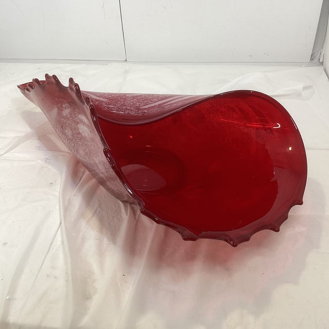 Vintage Folded Art Glass Red Table Centerpiece Seashell Conch Bowl For Sale - Image 4 of 11