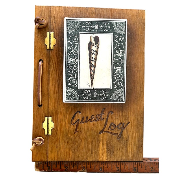 Sienna Vintage Handcrafted Wooden Guest Book With Seashell Inlay & Leather Tie Closures For Sale - Image 8 of 9