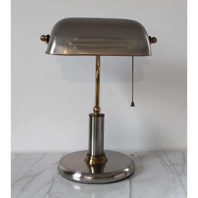 Vintage Art Deco style bankers stainless steel and brass desk lamp with adjustable hood and pull chain. Made in Taiwan....