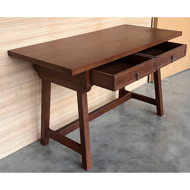Early 20th Spanisht Walnut Country Farm Desk with Two Drawers For Sale - Image 4 of 18