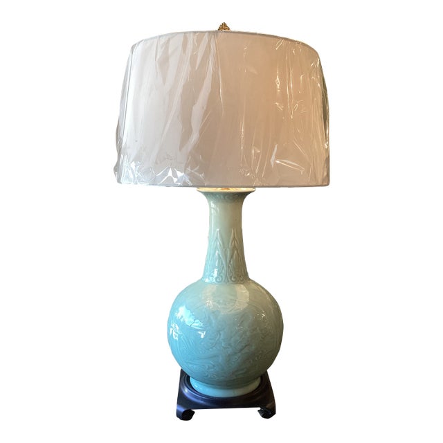 Late 20th Century Celadon Embossed Dragon Porcelain Table Lamp, Newly Rewired With Custom Linen Drum Shade For Sale
