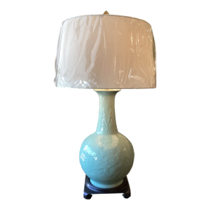 Late 20th Century Celadon Embossed Dragon Porcelain Table Lamp, Newly Rewired With Custom Linen Drum Shade