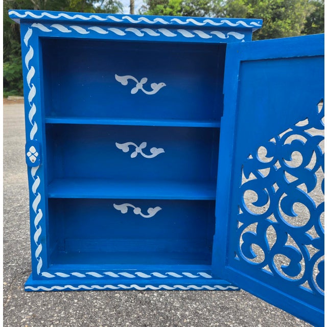 Hand Painted Mediterranean Medicine Cabinet / Wall Shelf / Royal Blue and White Zouak For Sale In Orlando - Image 6 of 7
