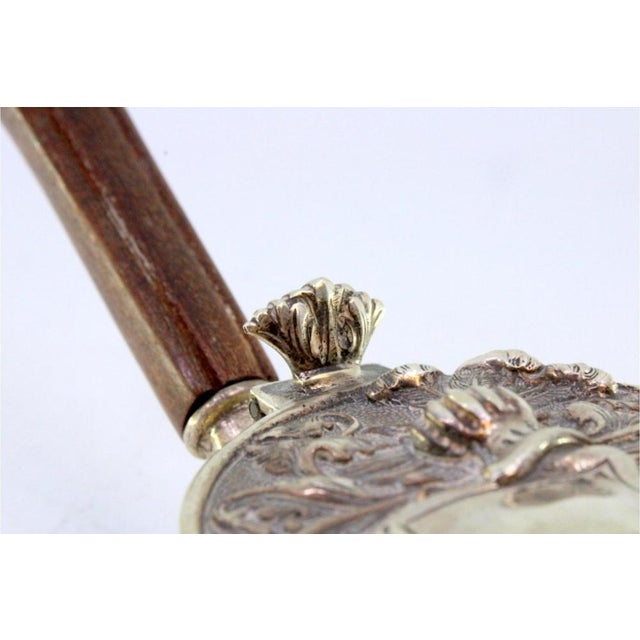 Silver Embossed Whisk with Helmet and Feathers Lid, Monogram Card and Wooden Handle For Sale - Image 5 of 10