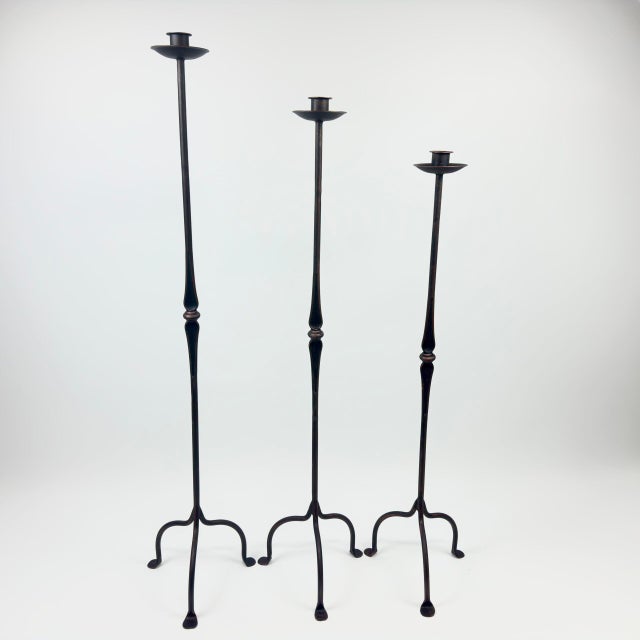 Metal Hand Forged Iron Candelabra Set of 3 (100-120cm) Antique Copper Finish Classic Spindle Node Floor Set For Sale - Image 7 of 7