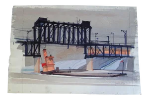 Frank Moss Hamilton Drop Bridge 1952 Industrial Landscape Watercolor Painting