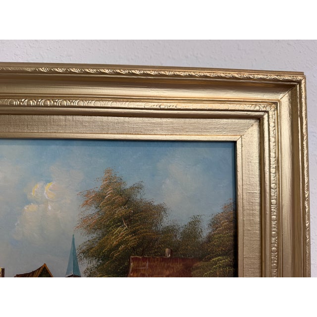 Paint Vintage European Coastal Village Oil Painting Signed Dated 1961 Framed Landscape For Sale - Image 7 of 13