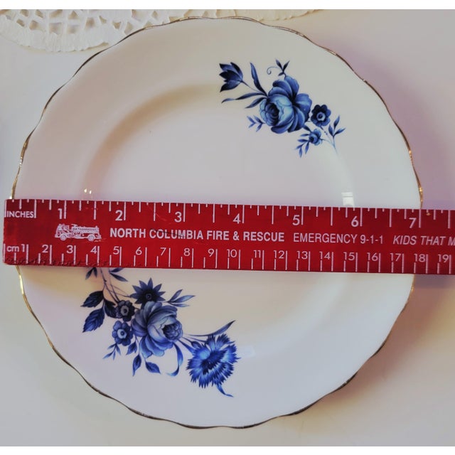 1970s Vintage Elizabethan Bread or Dessert Plate, Fine Bone China by Taylor & Kent England, Blue Roses and White English Porcelain Dishes, 7", Set of 4 For Sale - Image 5 of 8