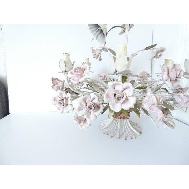 Vintage French Tole Chandelier with Porcelain Roses, in Good conditions. Designed 1970 to 1979 European Plug (up to...