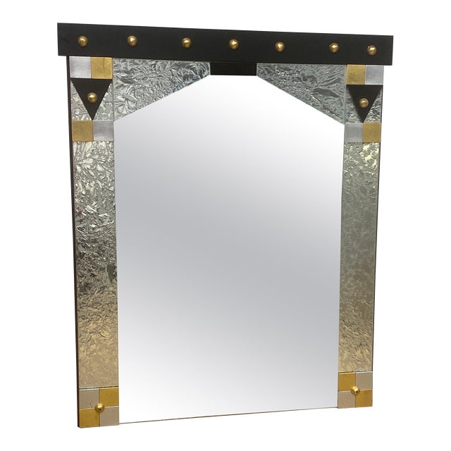 Vintage 80s Artist David Marshall Signed Metallic Post Modern Mirror For Sale