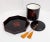 Incredibly glamorous set of barware pieces in super shiny black lacquer ware plastic with Japanese or Chinese red emblem...
