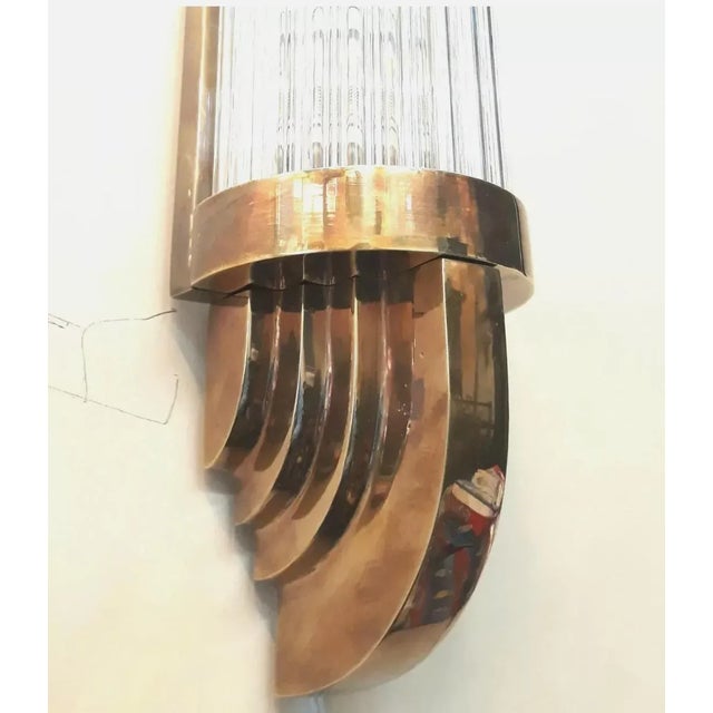 Metal 1940s Skyscraper Art Deco Brass & Glass Rod Ship Light Fixture Wall Sconce For Sale - Image 7 of 8