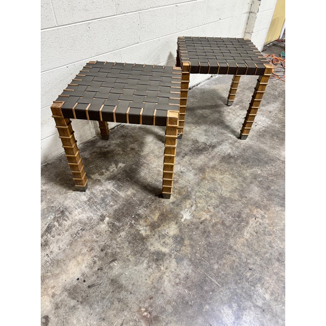 2010s Theodore Alexander Leather Strap Wood End Tables - A Pair For Sale - Image 5 of 12
