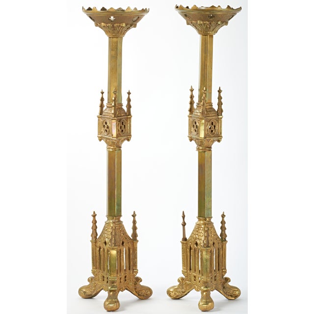 Gothic Pair Antique Gothic Cathedral Brass Candlesticks For Sale - Image 3 of 12