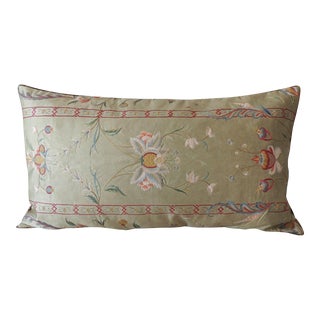 Antique Green and Red Silk Embroidered Long Bolster Decorative Pillow For Sale