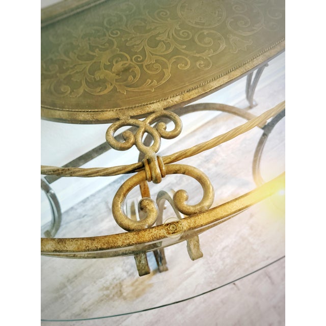 Metal Vintage Hollywood Regency Italianate Glass Console Table With Ornate Gilt Iron Base For Sale - Image 7 of 10