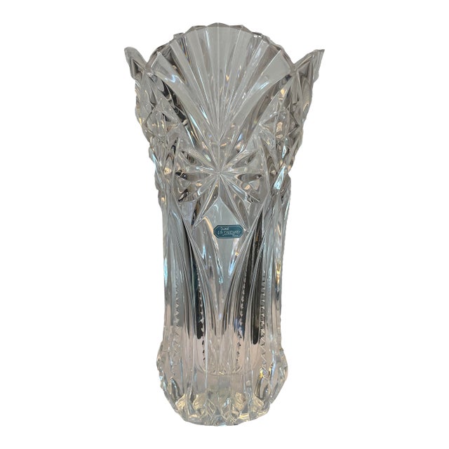 Vintage j.g. Durand French Lead Crystal Vase, 12” Scalloped Rim With Fan & Hobstar Cuts For Sale