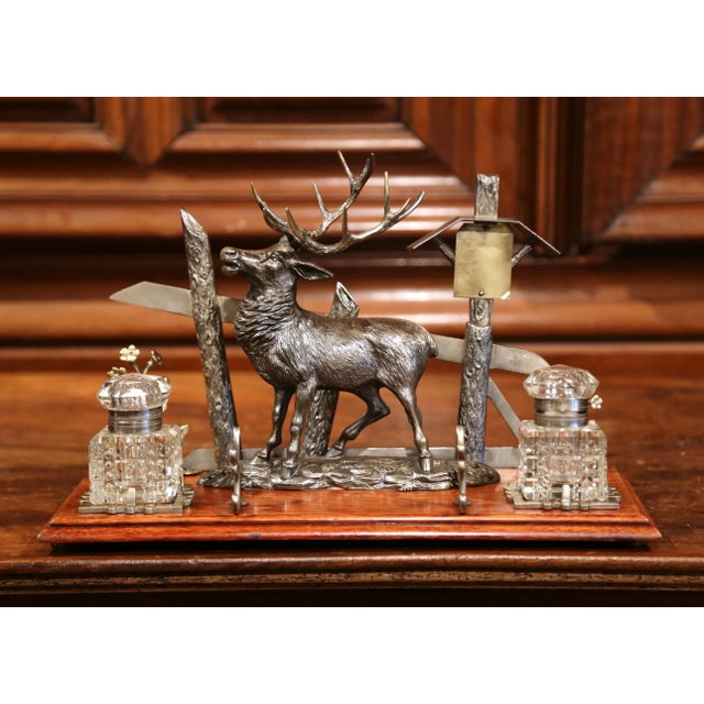 Mid 20th Century French Spelter and Cut Glass Inkwell With Deer Sculpture For Sale - Image 10 of 10