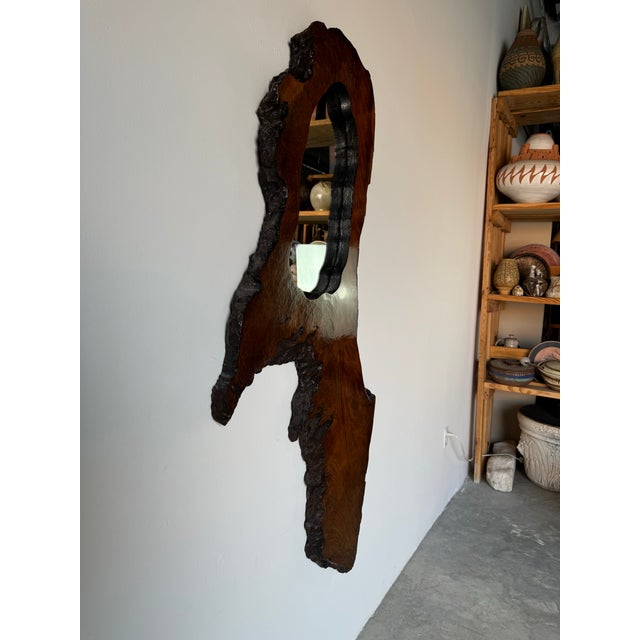 70's Vintage Brutalist Organic Modern Sculpted Burl Wood Wall Mirror For Sale - Image 4 of 12