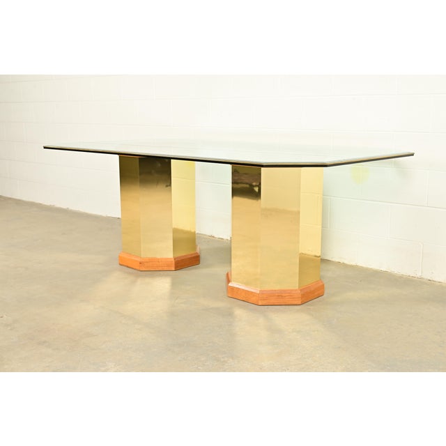 Late 20th Century Thomasville Modern Art Deco Brass and Glass Double Pedestal Dining Table, Circa 1980s For Sale - Image 5 of 11