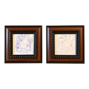 1980’s Set of 2 Original Abstract Blue Ink Drawings, Framed