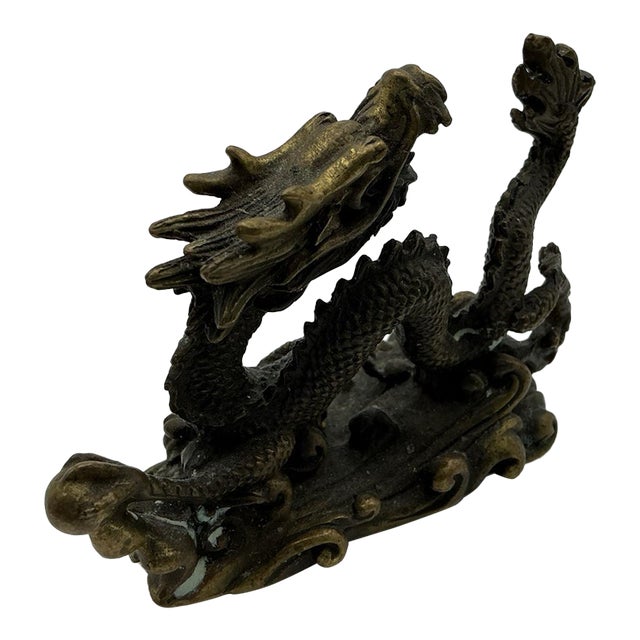 Vintage Chinese Bronze Dragon Sculpture on Waves 3” Detailed Asian Figurine For Sale