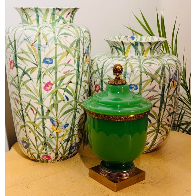 A spectacular and opulent antique opaline large cover urn or jar. A rare green color with heavy brass base and details,it...