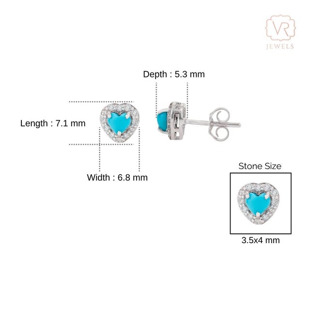 Natural Cabochon Turquoise Heart & Diamond Halo Stud Earrings in 14k Gold- A Pair For Sale - Image 9 of 11