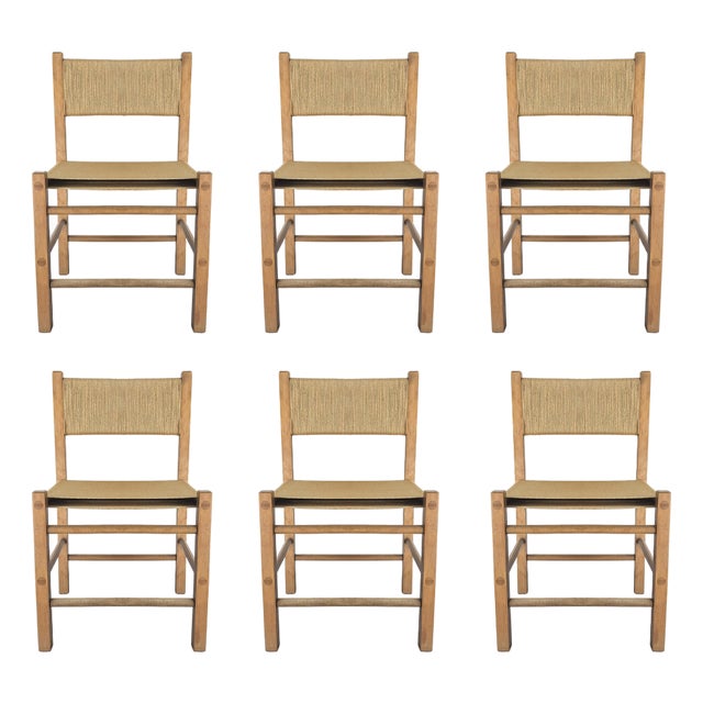Vintage Rustic Danish European Oak and Rope Dining Chairs - Set of 6 For Sale